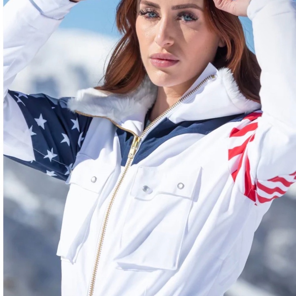 Rare Retro Ski White Jumpsuit with American Flag Sleeves